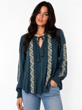 American Eagle Embroidered Boho Peasant Top Tassel Tie Blouse Small